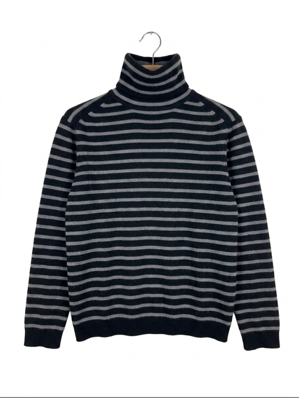 Banana Republic Women's Navy and Gray Striped Turtleneck Sweater